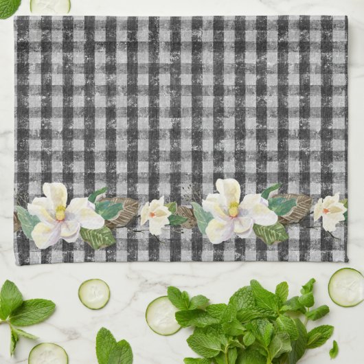 ファームハウスブラックチェックホワ素朴イトマグノリア葉ズ キッチンタオル (折り畳み)