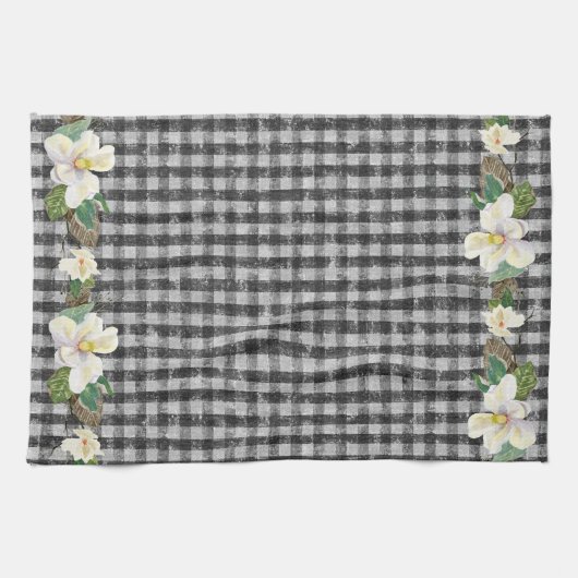 ファームハウスブラックチェックホワ素朴イトマグノリア葉ズ キッチンタオル (横)