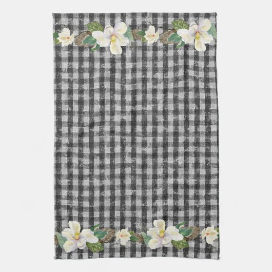 ファームハウスブラックチェックホワ素朴イトマグノリア葉ズ キッチンタオル (縦)