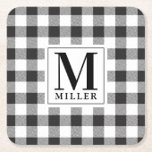 ファームハウスブラックバッファローチェックファミリー名モノグラム スクエアペーパーコースター (正面)