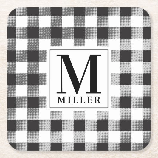 ファームハウスブラックバッファローチェックファミリー名モノグラム スクエアペーパーコースター (正面)