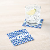 ファームハウスブルーアンドホワイトギンガムプレイドモノグラム スクエアペーパーコースター (インサイチュ)