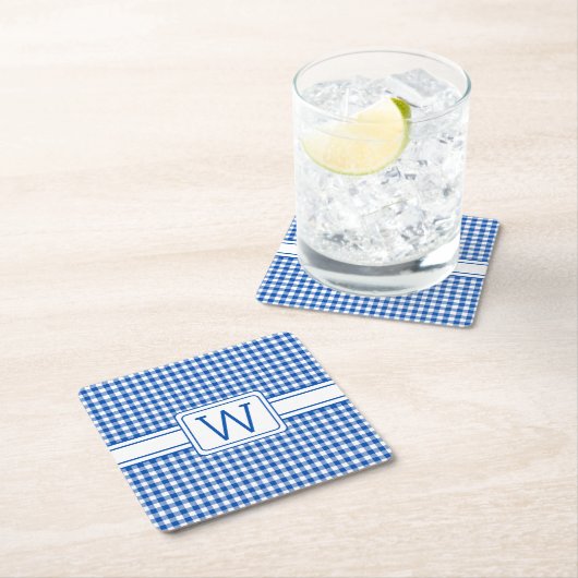ファームハウスブルーアンドホワイトギンガムプレイドモノグラム スクエアペーパーコースター (インサイチュ)