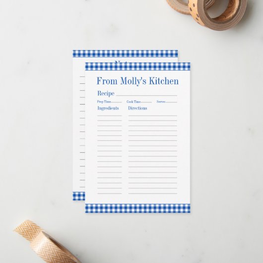 ファームハウスブルーアンドホワイトギンガムプレイドレシピ ノートカード (正面/裏面インサイチュ)
