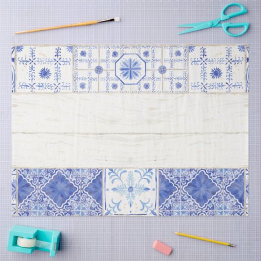 ファームハウスブルー色彩の鮮やかホワイトタイルウッドデクページ 薄葉紙 (クラフト)