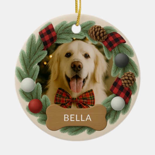 ファームハウスプレイドドッグ名写真ホリデークリスマス セラミックオーナメント (正面)