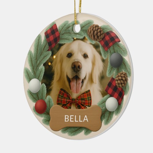 ファームハウスプレイドドッグ名写真ホリデークリスマス セラミックオーナメント (左)