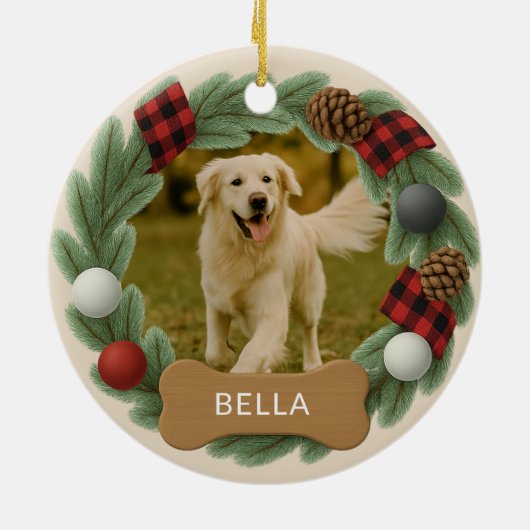 ファームハウスプレイドドッグ名写真ホリデークリスマス セラミックオーナメント (裏面)