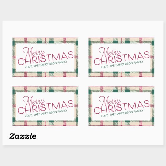 ファームハウスプレイドメリークリスマスファミリーネームレクタン 長方形シール (シート)