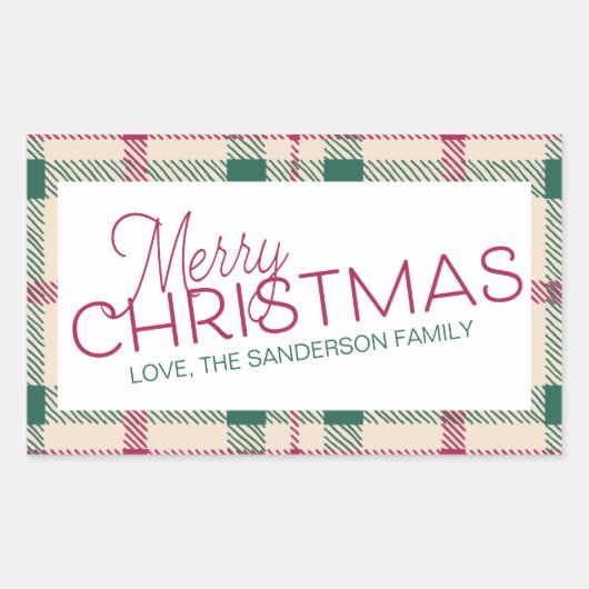 ファームハウスプレイドメリークリスマスファミリーネームレクタン 長方形シール (正面)