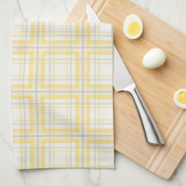 ファームハウスプレイド、バターイエロー、グレー、クリーム キッチンタオル