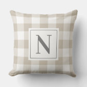ファームハウスベージュグレーギンガムチェックプラッドモノグラム クッション (正面)