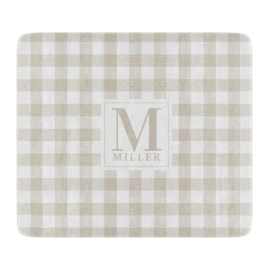 ファームハウスベージュバッファローチェックモノグラムガラス カッティングボード (正面)