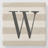 ファームハウスベージュリネンストライプズモノグラム ストーンコースター (正面)