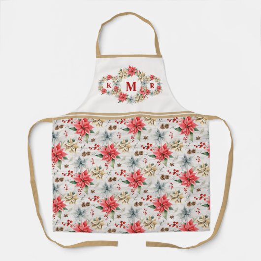 ファームハウスポインセチアクリスマスモノグラムホリデイ エプロン (正面)