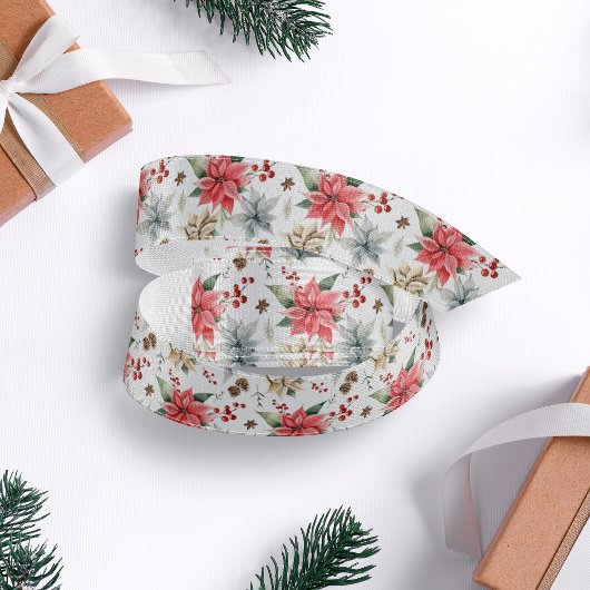 ファームハウスポインセチアホワイト&レッド素朴クリスマス グログランリボン