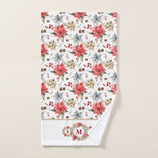 ファームハウスポインセチア素朴クリスマスモノグラムの バスタオルセット (ハンドタオル)