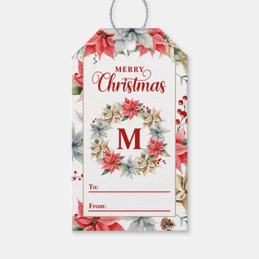 ファームハウスポインセチア素朴モノグラムのクリスマス ギフトタグ (正面)