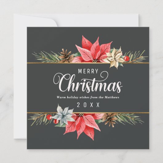 ファームハウスポインセチア金ゴールドフレームスクエアクリスマス シーズンカード (正面)