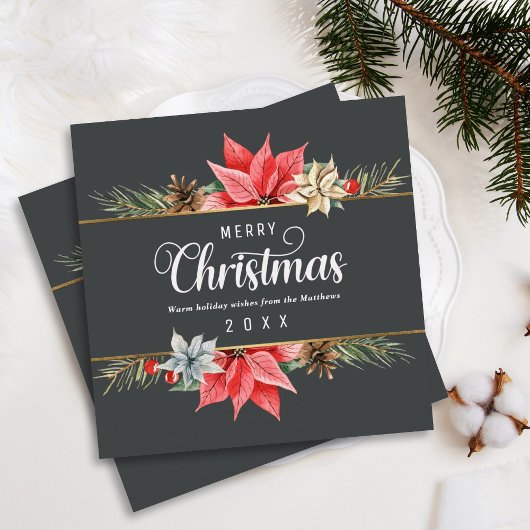 ファームハウスポインセチア金ゴールドフレームスクエアクリスマス シーズンカード