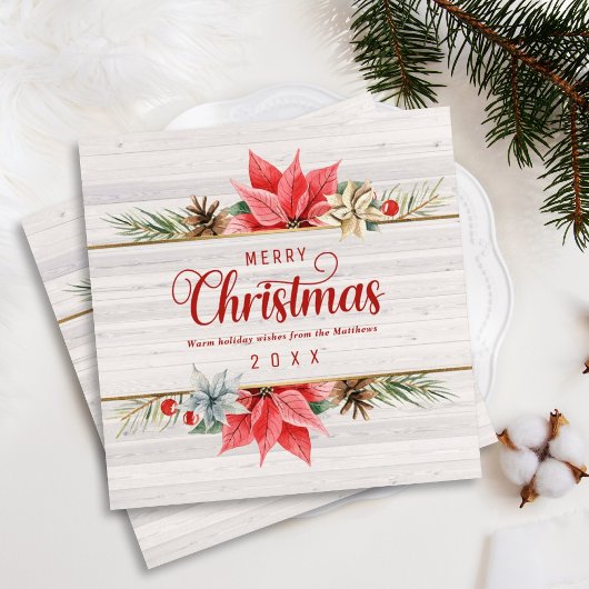 ファームハウスポインセチア金ゴールドフレームスクエアクリスマス シーズンカード