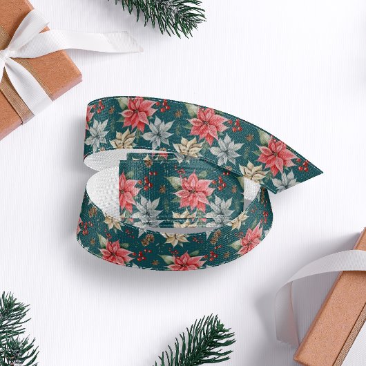 ファームハウスポインセティアダークティール(緑がかった色)素朴クリスマス グログランリボン