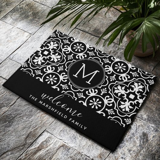 ファームハウスモダンパターンファミリーウェルカムブラック ドアマット