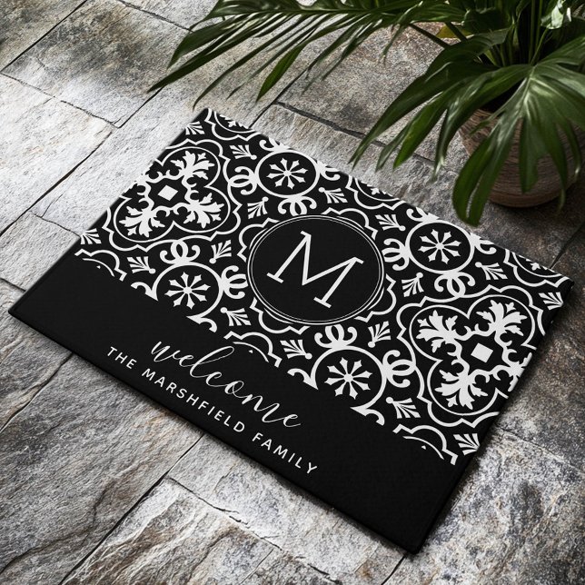 ファームハウスモダンパターンファミリーウェルカムブラック ドアマット (Custom Welcome Mat)