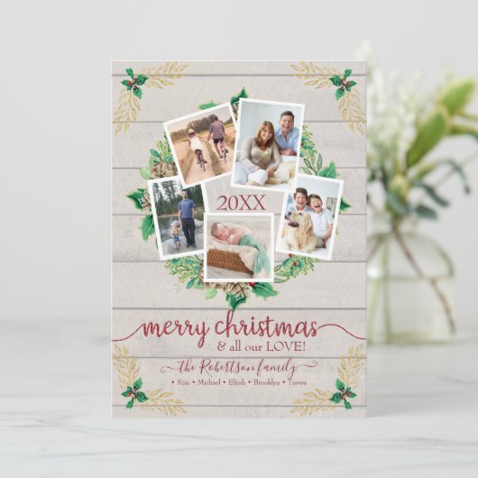 ファームハウスリース素朴クリスマスw家族写真 シーズンカード (スタンド正面)