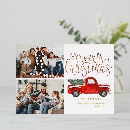 ファームハウスレッドクリスマストラック |休日の写真 箔シーズンカード (立ち正面)