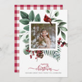 ファームハウスレッドチェックフォトクリスマス(鳥)ショウジョウコウカンチョウ シーズンカード (正面/裏面)