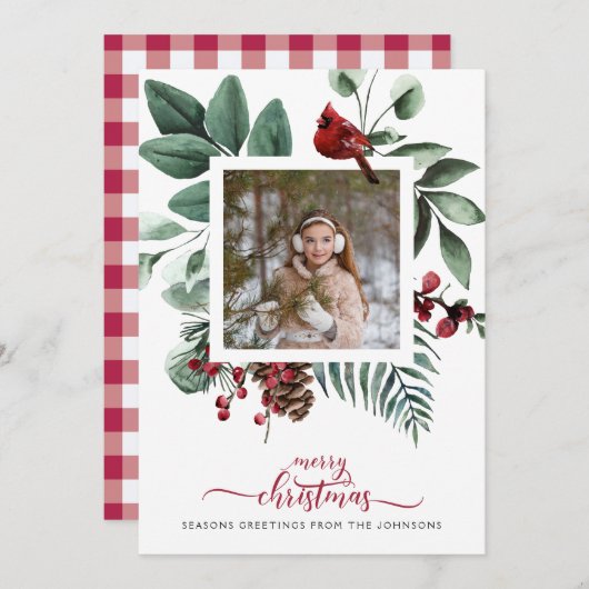 ファームハウスレッドチェックフォトクリスマス(鳥)ショウジョウコウカンチョウ シーズンカード (正面/裏面)