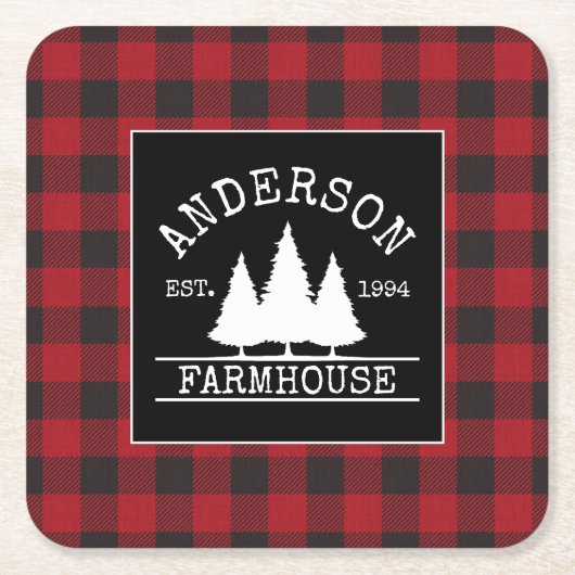 ファームハウスレッドバッファロープレイドファミリー名 スクエアペーパーコースター (正面)