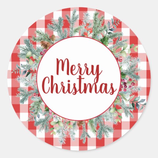 ファームハウスレッドホワイトバッファローチェックメリークリスマス ラウンドシール (正面)