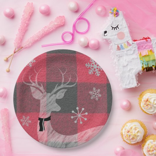 ファームハウスレッド&グレーバッファロープレイドディアスノーフレーク ペーパープレート (パーティー)