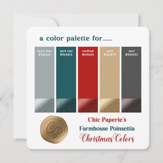 ファームハウスレッド&金ゴールドクリスマスカラーパレットカード 招待状 (正面)