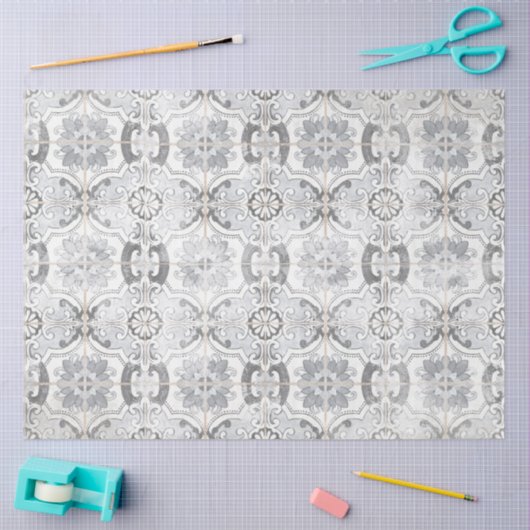 ファームハウスヴィンテージアンティークグレーホワイトタイルパターン 薄葉紙 (クラフト)