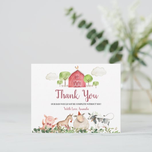 ファームハウス動物納屋周囲の庭ベビーシャワーありがとう サンキューカード (スタンド正面)