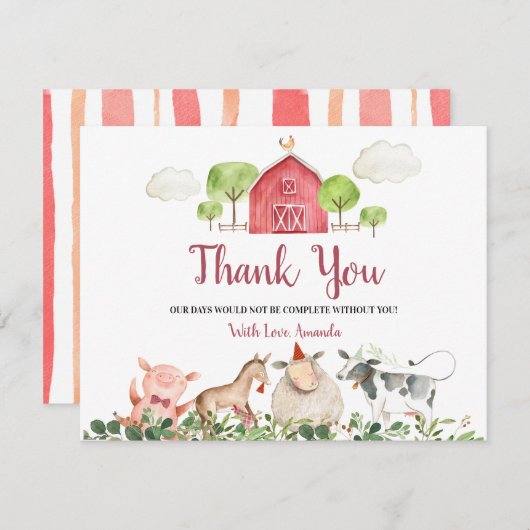 ファームハウス動物納屋周囲の庭ベビーシャワーありがとう サンキューカード (正面/裏面)