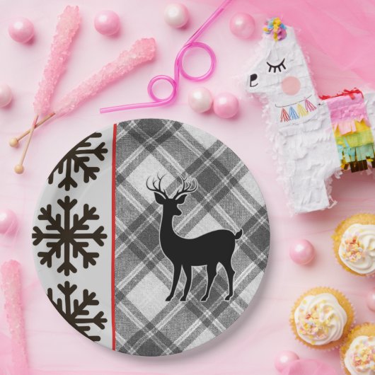 ファームハウス白黒バッファロープレイドディアスノーフレーク ペーパープレート (パーティー)