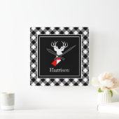 ファームハウス白黒プレイドシックディアーパーソナライズされた スクエア壁時計 (ホーム)