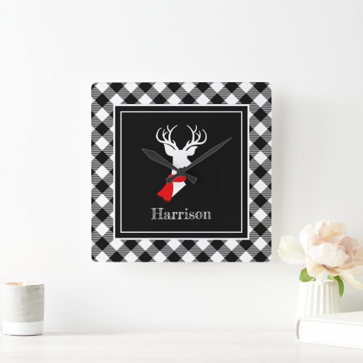 ファームハウス白黒プレイドシックディアーパーソナライズされた スクエア壁時計 (ホーム)