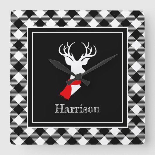 ファームハウス白黒プレイドシックディアーパーソナライズされた スクエア壁時計 (正面)
