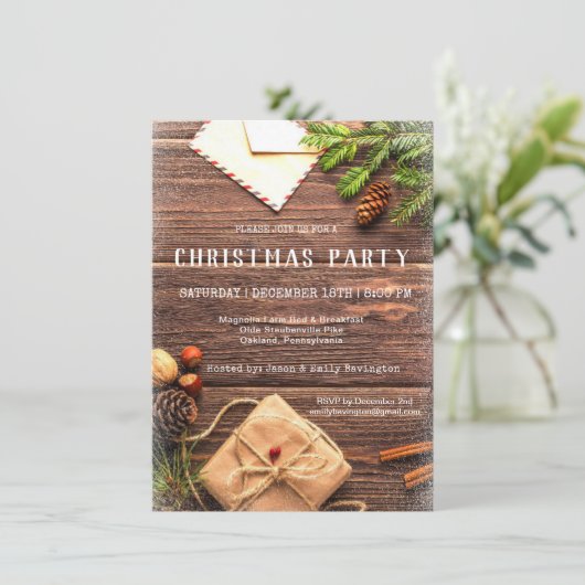ファームハウス素朴ウッドクリスマスパーティの招待状 シーズンカード (スタンド正面)