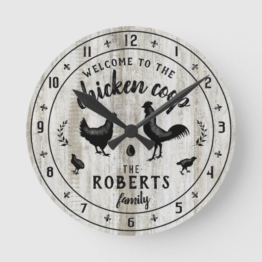 ファームハウス素朴ウッドチキンクープ名前をカスタムする ラウンド壁時計 (正面)
