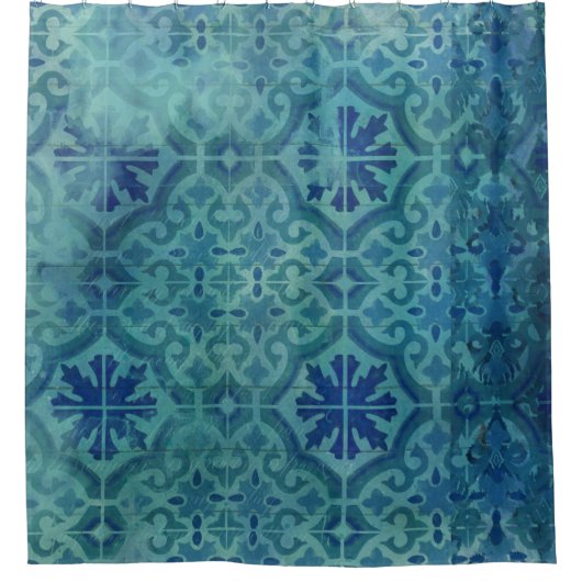 ファームハウス素朴オールドハバナタイルパターンビーチ シャワーカーテン (正面)