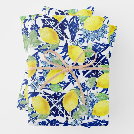 ファームハウス素朴カントリーレモンズブルーフローラ ラッピングペーパーシート (インサイチュ)