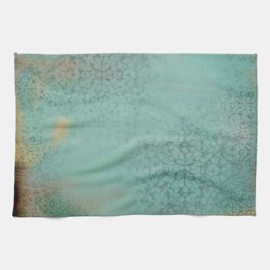 ファームハウス素朴スタイルアンティークティール（緑がかった色）フェイクレース キッチンタオル (横)