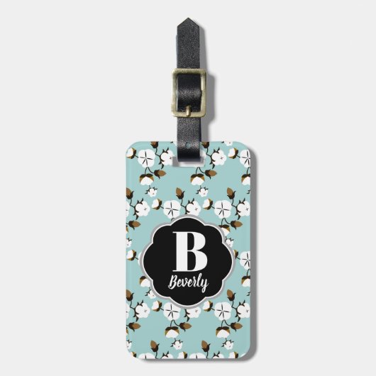 ファームハウス素朴スタイルコットンフラワーズ&ティール(緑がかった色) ラゲッジタグ (正面縦)