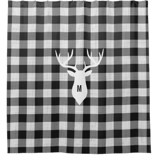 ファームハウス素朴白黒バッファローディアモノグラム シャワーカーテン (正面)